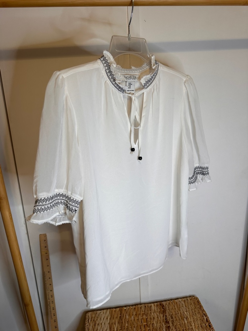 Rachel Zoe White Tie-Neck Blouse with Black Embroidery